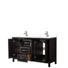 Load image into Gallery viewer, Wyndham Collection Vanity Wyndham Collection WCV252560DDEWCUNSMXX Daria 60 Inch Double Bathroom Vanity in Dark Espresso, White Cultured Marble Countertop, Undermount Square Sinks, No Mirror