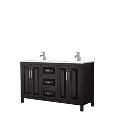 Load image into Gallery viewer, Wyndham Collection Vanity Wyndham Collection WCV252560DDEWCUNSMXX Daria 60 Inch Double Bathroom Vanity in Dark Espresso, White Cultured Marble Countertop, Undermount Square Sinks, No Mirror