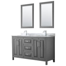 Load image into Gallery viewer, Wyndham Collection Vanity Wyndham Collection WCV252560DKGCMUNSM24 Daria 60 Inch Double Bathroom Vanity in Dark Gray, White Carrara Marble Countertop, Undermount Square Sinks, and 24 Inch Mirrors