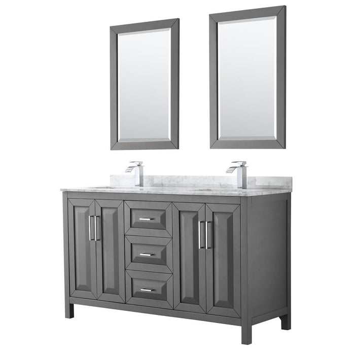 Wyndham Collection Vanity Wyndham Collection WCV252560DKGCMUNSM24 Daria 60 Inch Double Bathroom Vanity in Dark Gray, White Carrara Marble Countertop, Undermount Square Sinks, and 24 Inch Mirrors