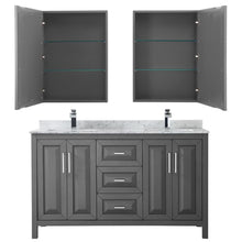 Load image into Gallery viewer, Wyndham Collection Vanity Wyndham Collection WCV252560DKGCMUNSMED Daria 60 Inch Double Bathroom Vanity in Dark Gray, White Carrara Marble Countertop, Undermount Square Sinks, and Medicine Cabinets