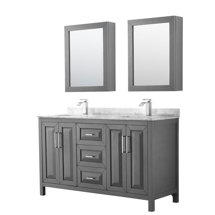 Wyndham Collection Vanity Wyndham Collection WCV252560DKGCMUNSMED Daria 60 Inch Double Bathroom Vanity in Dark Gray, White Carrara Marble Countertop, Undermount Square Sinks, and Medicine Cabinets