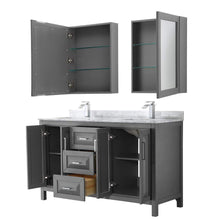 Load image into Gallery viewer, Wyndham Collection Vanity Wyndham Collection WCV252560DKGCMUNSMED Daria 60 Inch Double Bathroom Vanity in Dark Gray, White Carrara Marble Countertop, Undermount Square Sinks, and Medicine Cabinets