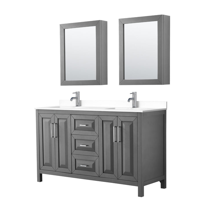 Wyndham Collection Vanity Wyndham Collection WCV252560DKGWCUNSMED Daria 60 Inch Double Bathroom Vanity in Dark Gray, White Cultured Marble Countertop, Undermount Square Sinks, Medicine Cabinets