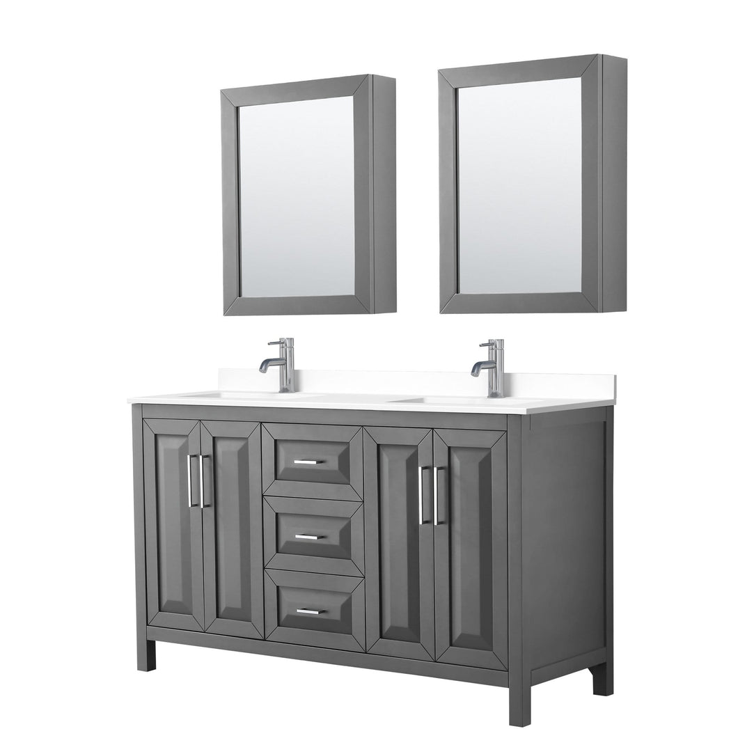 Wyndham Collection Vanity Wyndham Collection WCV252560DKGWCUNSMED Daria 60 Inch Double Bathroom Vanity in Dark Gray, White Cultured Marble Countertop, Undermount Square Sinks, Medicine Cabinets
