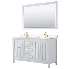 Load image into Gallery viewer, Wyndham Collection Vanity Wyndham Collection WCV252560DWGC2UNSM58 Daria 60 Inch Double Bathroom Vanity in White, Light-Vein Carrara Cultured Marble Countertop, Undermount Square Sinks, 58 Inch Mirror, Brushed Gold Trim