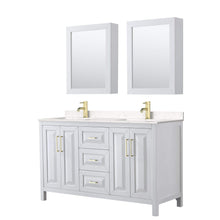 Load image into Gallery viewer, Wyndham Collection Vanity Wyndham Collection WCV252560DWGC2UNSMED Daria 60 Inch Double Bathroom Vanity in White, Light-Vein Carrara Cultured Marble Countertop, Undermount Square Sinks, Medicine Cabinets, Brushed Gold Trim