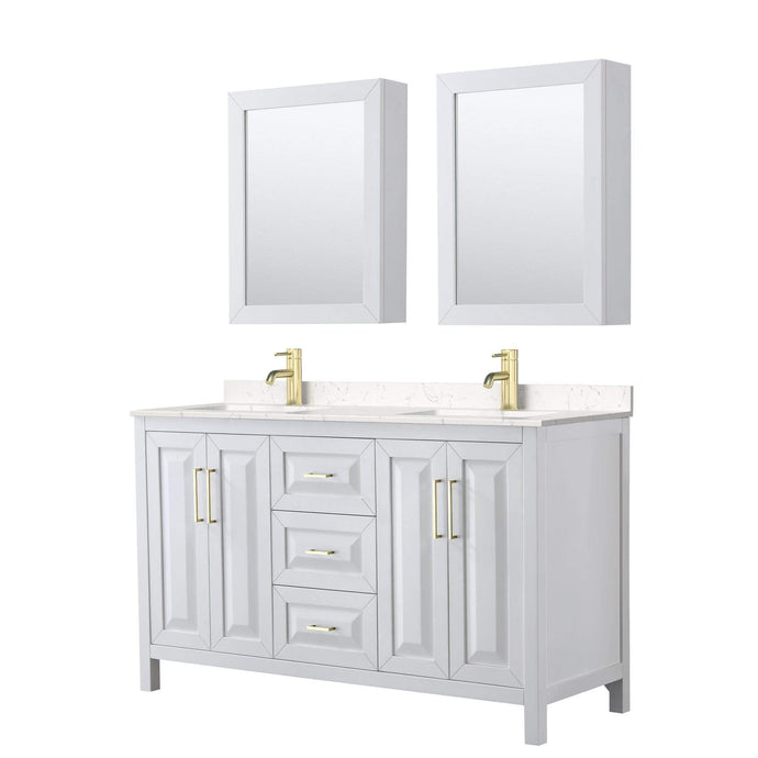 Wyndham Collection Vanity Wyndham Collection WCV252560DWGC2UNSMED Daria 60 Inch Double Bathroom Vanity in White, Light-Vein Carrara Cultured Marble Countertop, Undermount Square Sinks, Medicine Cabinets, Brushed Gold Trim