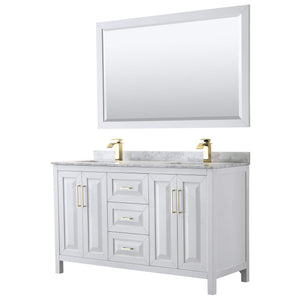 Wyndham Collection Vanity Wyndham Collection WCV252560DWGCMUNSM58 Daria 60 Inch Double Bathroom Vanity in White, White Carrara Marble Countertop, Undermount Square Sinks, 58 Inch Mirror, Brushed Gold Trim