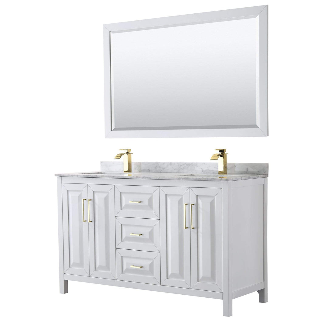 Wyndham Collection Vanity Wyndham Collection WCV252560DWGCMUNSM58 Daria 60 Inch Double Bathroom Vanity in White, White Carrara Marble Countertop, Undermount Square Sinks, 58 Inch Mirror, Brushed Gold Trim