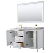 Load image into Gallery viewer, Wyndham Collection Vanity Wyndham Collection WCV252560DWGCMUNSM58 Daria 60 Inch Double Bathroom Vanity in White, White Carrara Marble Countertop, Undermount Square Sinks, 58 Inch Mirror, Brushed Gold Trim