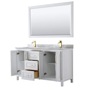 Wyndham Collection Vanity Wyndham Collection WCV252560DWGCMUNSM58 Daria 60 Inch Double Bathroom Vanity in White, White Carrara Marble Countertop, Undermount Square Sinks, 58 Inch Mirror, Brushed Gold Trim