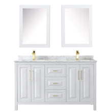 Load image into Gallery viewer, Wyndham Collection Vanity Wyndham Collection WCV252560DWGCMUNSMED Daria 60 Inch Double Bathroom Vanity in White, White Carrara Marble Countertop, Undermount Square Sinks, Medicine Cabinets, Brushed Gold Trim