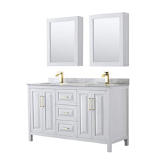 Load image into Gallery viewer, Wyndham Collection Vanity Wyndham Collection WCV252560DWGCMUNSMED Daria 60 Inch Double Bathroom Vanity in White, White Carrara Marble Countertop, Undermount Square Sinks, Medicine Cabinets, Brushed Gold Trim