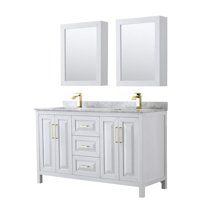 Wyndham Collection Vanity Wyndham Collection WCV252560DWGCMUNSMED Daria 60 Inch Double Bathroom Vanity in White, White Carrara Marble Countertop, Undermount Square Sinks, Medicine Cabinets, Brushed Gold Trim