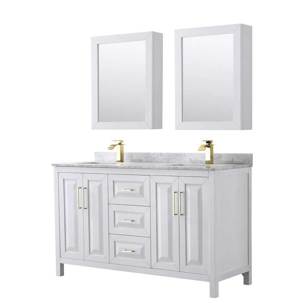 Wyndham Collection Vanity Wyndham Collection WCV252560DWGCMUNSMED Daria 60 Inch Double Bathroom Vanity in White, White Carrara Marble Countertop, Undermount Square Sinks, Medicine Cabinets, Brushed Gold Trim