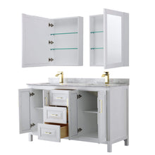 Load image into Gallery viewer, Wyndham Collection Vanity Wyndham Collection WCV252560DWGCMUNSMED Daria 60 Inch Double Bathroom Vanity in White, White Carrara Marble Countertop, Undermount Square Sinks, Medicine Cabinets, Brushed Gold Trim