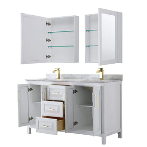 Wyndham Collection Vanity Wyndham Collection WCV252560DWGCMUNSMED Daria 60 Inch Double Bathroom Vanity in White, White Carrara Marble Countertop, Undermount Square Sinks, Medicine Cabinets, Brushed Gold Trim