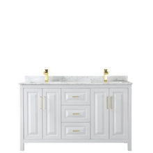 Load image into Gallery viewer, Wyndham Collection Vanity Wyndham Collection WCV252560DWGCMUNSMXX Daria 60 Inch Double Bathroom Vanity in White, White Carrara Marble Countertop, Undermount Square Sinks, Brushed Gold Trim