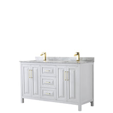 Load image into Gallery viewer, Wyndham Collection Vanity Wyndham Collection WCV252560DWGCMUNSMXX Daria 60 Inch Double Bathroom Vanity in White, White Carrara Marble Countertop, Undermount Square Sinks, Brushed Gold Trim