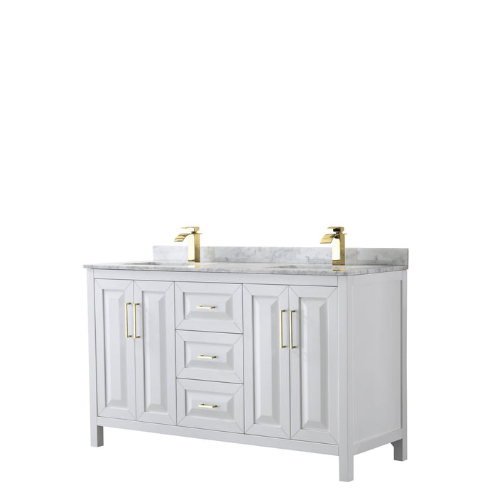 Wyndham Collection Vanity Wyndham Collection WCV252560DWGCMUNSMXX Daria 60 Inch Double Bathroom Vanity in White, White Carrara Marble Countertop, Undermount Square Sinks, Brushed Gold Trim