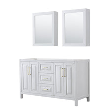 Load image into Gallery viewer, Wyndham Collection Vanity Wyndham Collection WCV252560DWGCXSXXMED Daria 60 Inch Double Bathroom Vanity in White, No Countertop, No Sink, Medicine Cabinets, Brushed Gold Trim