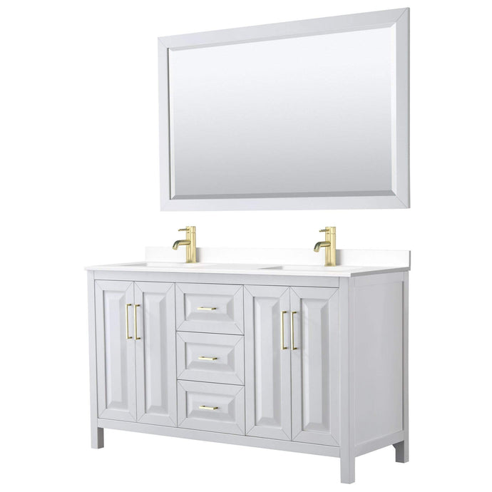 Wyndham Collection Vanity Wyndham Collection WCV252560DWGWCUNSM58 Daria 60 Inch Double Bathroom Vanity in White, White Cultured Marble Countertop, Undermount Square Sinks, 58 Inch Mirror, Brushed Gold Trim