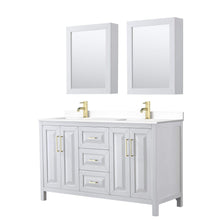 Load image into Gallery viewer, Wyndham Collection Vanity Wyndham Collection WCV252560DWGWCUNSMED Daria 60 Inch Double Bathroom Vanity in White, White Cultured Marble Countertop, Undermount Square Sinks, Medicine Cabinets, Brushed Gold Trim