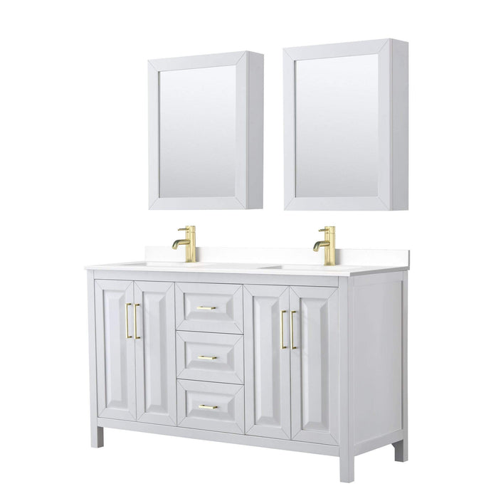 Wyndham Collection Vanity Wyndham Collection WCV252560DWGWCUNSMED Daria 60 Inch Double Bathroom Vanity in White, White Cultured Marble Countertop, Undermount Square Sinks, Medicine Cabinets, Brushed Gold Trim