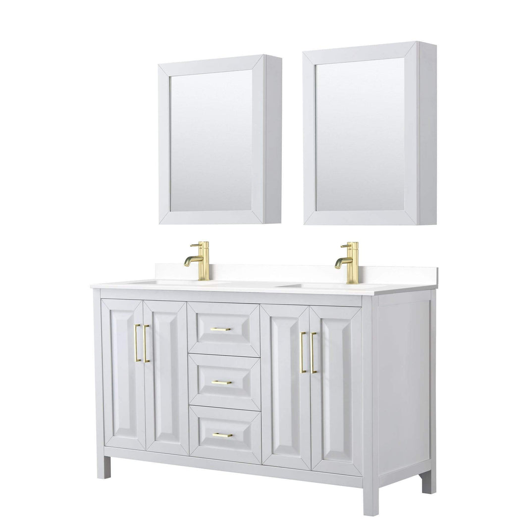 Wyndham Collection Vanity Wyndham Collection WCV252560DWGWCUNSMED Daria 60 Inch Double Bathroom Vanity in White, White Cultured Marble Countertop, Undermount Square Sinks, Medicine Cabinets, Brushed Gold Trim