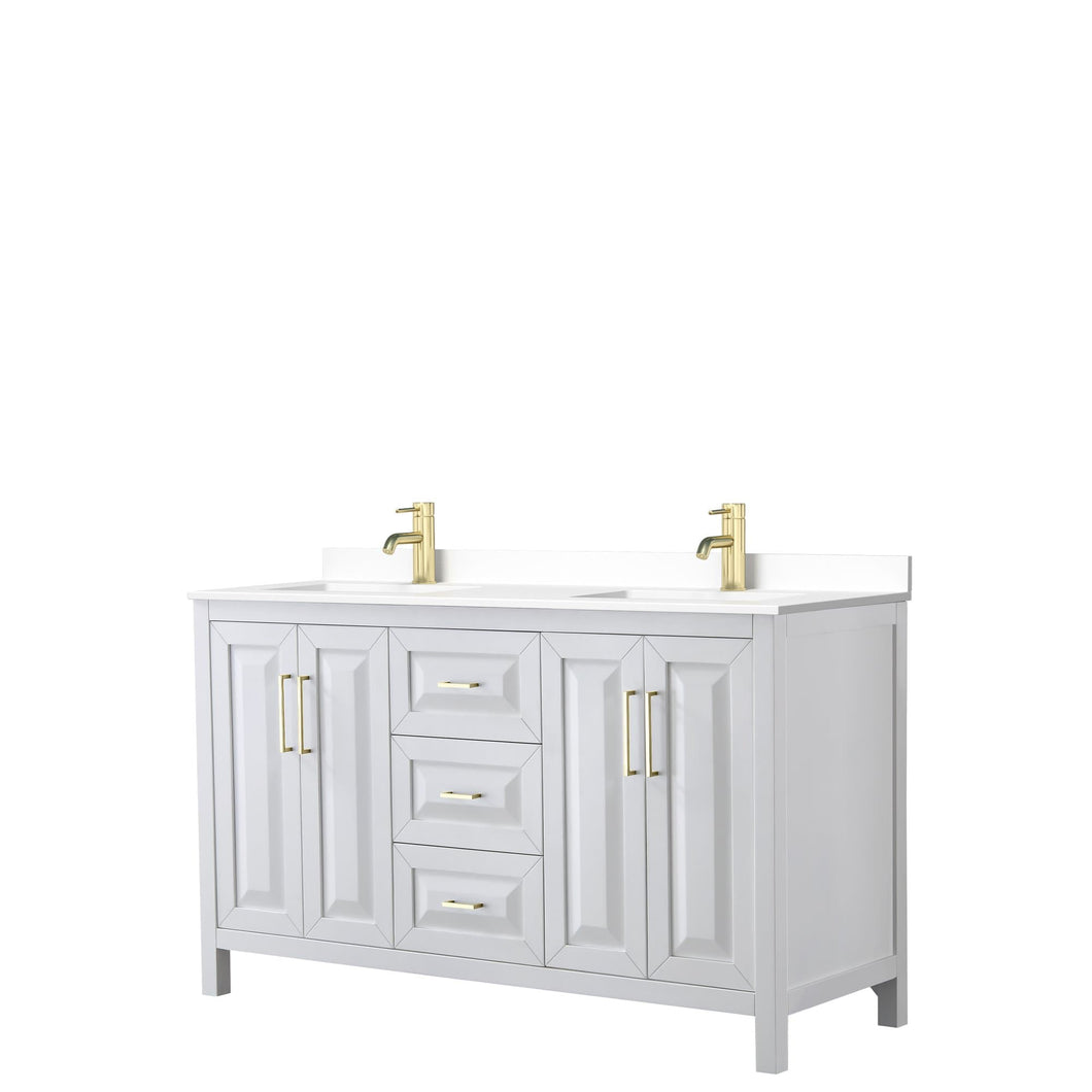 Wyndham Collection Vanity Wyndham Collection WCV252560DWGWCUNSMXX Daria 60 Inch Double Bathroom Vanity in White, White Cultured Marble Countertop, Undermount Square Sinks, Brushed Gold Trim