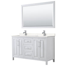 Load image into Gallery viewer, Wyndham Collection Vanity Wyndham Collection WCV252560DWHC2UNSM58 Daria 60 Inch Double Bathroom Vanity in White, Light-Vein Carrara Cultured Marble Countertop, Undermount Square Sinks, 58 Inch Mirror