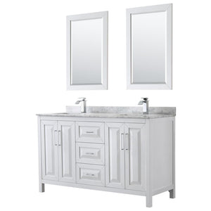 Wyndham Collection Vanity Wyndham Collection WCV252560DWHCMUNSM24 Daria 60 Inch Double Bathroom Vanity in White, White Carrara Marble Countertop, Undermount Square Sinks, and 24 Inch Mirrors