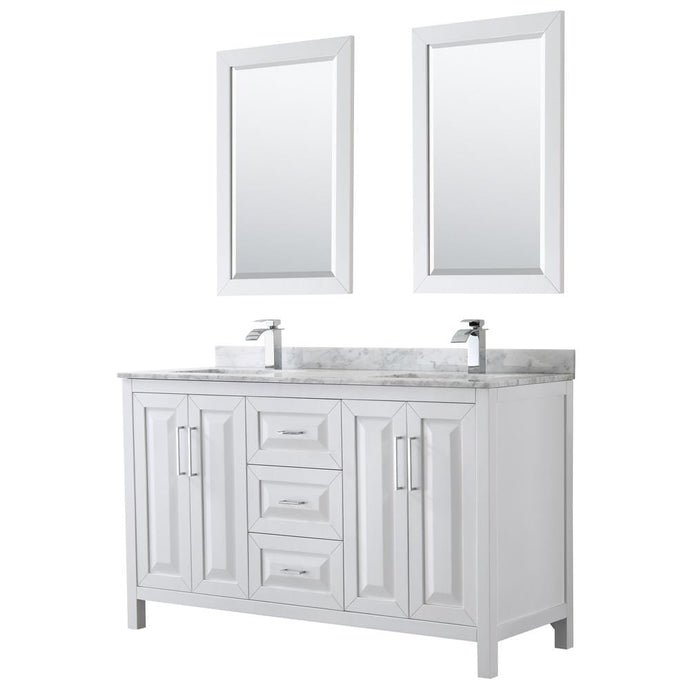 Wyndham Collection Vanity Wyndham Collection WCV252560DWHCMUNSM24 Daria 60 Inch Double Bathroom Vanity in White, White Carrara Marble Countertop, Undermount Square Sinks, and 24 Inch Mirrors