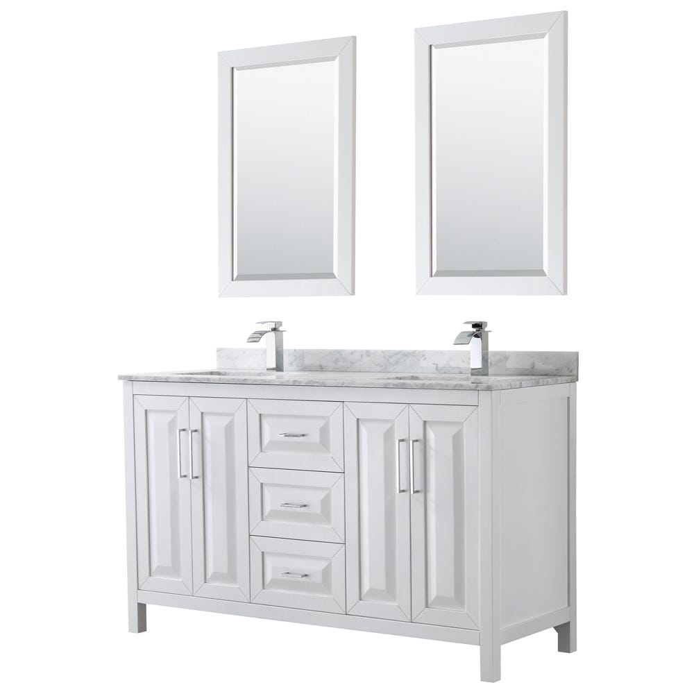 Wyndham Collection Vanity Wyndham Collection WCV252560DWHCMUNSM24 Daria 60 Inch Double Bathroom Vanity in White, White Carrara Marble Countertop, Undermount Square Sinks, and 24 Inch Mirrors