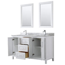 Load image into Gallery viewer, Wyndham Collection Vanity Wyndham Collection WCV252560DWHCMUNSM24 Daria 60 Inch Double Bathroom Vanity in White, White Carrara Marble Countertop, Undermount Square Sinks, and 24 Inch Mirrors