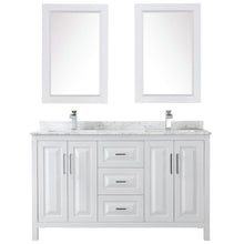 Load image into Gallery viewer, Wyndham Collection Vanity Wyndham Collection WCV252560DWHCMUNSM24 Daria 60 Inch Double Bathroom Vanity in White, White Carrara Marble Countertop, Undermount Square Sinks, and 24 Inch Mirrors
