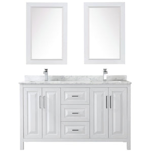 Wyndham Collection Vanity Wyndham Collection WCV252560DWHCMUNSM24 Daria 60 Inch Double Bathroom Vanity in White, White Carrara Marble Countertop, Undermount Square Sinks, and 24 Inch Mirrors