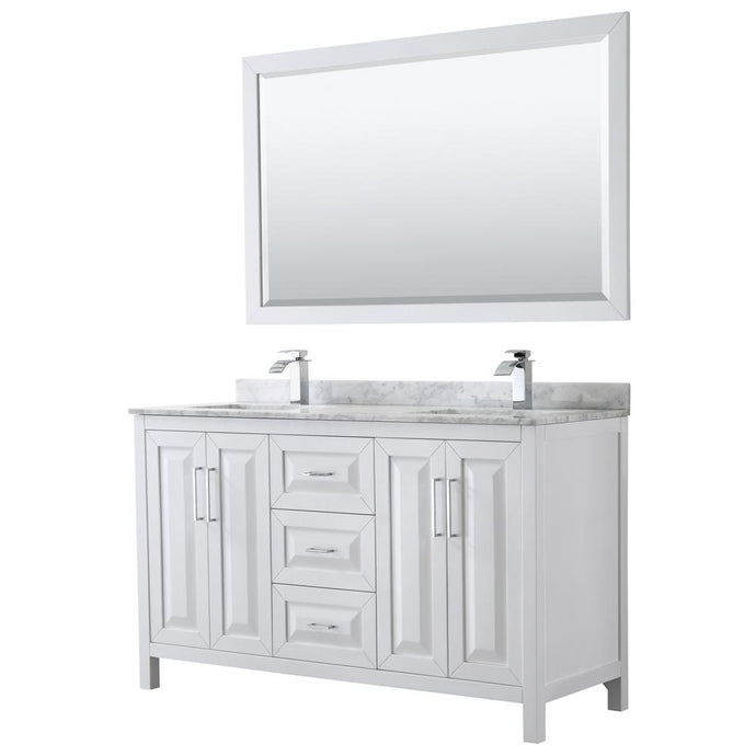 Wyndham Collection Vanity Wyndham Collection WCV252560DWHCMUNSM58 Daria 60 Inch Double Bathroom Vanity in White, White Carrara Marble Countertop, Undermount Square Sinks, and 58 Inch Mirror