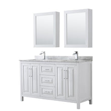 Load image into Gallery viewer, Wyndham Collection Vanity Wyndham Collection WCV252560DWHCMUNSMED Daria 60 Inch Double Bathroom Vanity in White, White Carrara Marble Countertop, Undermount Square Sinks, and Medicine Cabinets