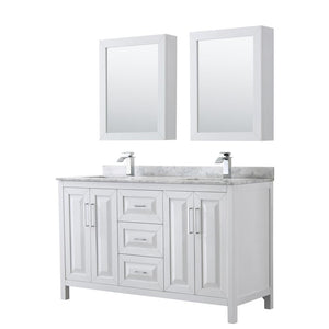 Wyndham Collection Vanity Wyndham Collection WCV252560DWHCMUNSMED Daria 60 Inch Double Bathroom Vanity in White, White Carrara Marble Countertop, Undermount Square Sinks, and Medicine Cabinets