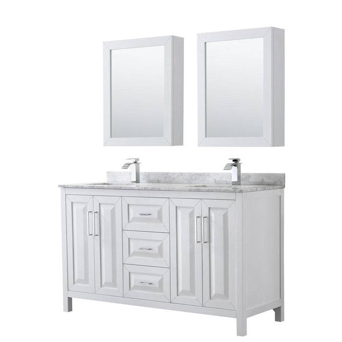 Wyndham Collection Vanity Wyndham Collection WCV252560DWHCMUNSMED Daria 60 Inch Double Bathroom Vanity in White, White Carrara Marble Countertop, Undermount Square Sinks, and Medicine Cabinets
