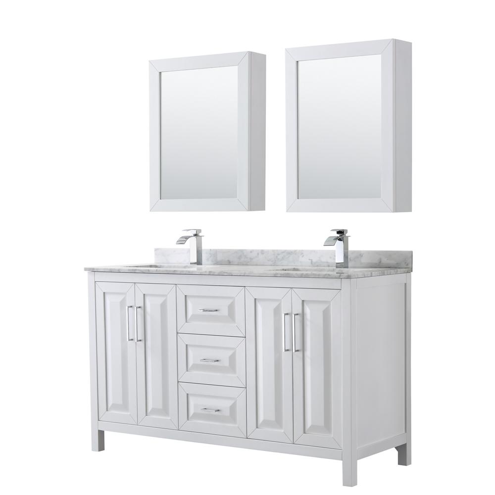 Wyndham Collection Vanity Wyndham Collection WCV252560DWHCMUNSMED Daria 60 Inch Double Bathroom Vanity in White, White Carrara Marble Countertop, Undermount Square Sinks, and Medicine Cabinets