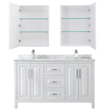 Load image into Gallery viewer, Wyndham Collection Vanity Wyndham Collection WCV252560DWHCMUNSMED Daria 60 Inch Double Bathroom Vanity in White, White Carrara Marble Countertop, Undermount Square Sinks, and Medicine Cabinets
