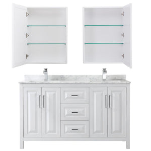 Wyndham Collection Vanity Wyndham Collection WCV252560DWHCMUNSMED Daria 60 Inch Double Bathroom Vanity in White, White Carrara Marble Countertop, Undermount Square Sinks, and Medicine Cabinets