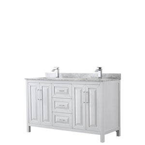 Wyndham Collection Vanity Wyndham Collection WCV252560DWHCMUNSMXX Daria 60 Inch Double Bathroom Vanity in White, White Carrara Marble Countertop, Undermount Square Sinks, and No Mirror