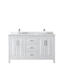 Load image into Gallery viewer, Wyndham Collection Vanity Wyndham Collection WCV252560DWHCMUNSMXX Daria 60 Inch Double Bathroom Vanity in White, White Carrara Marble Countertop, Undermount Square Sinks, and No Mirror