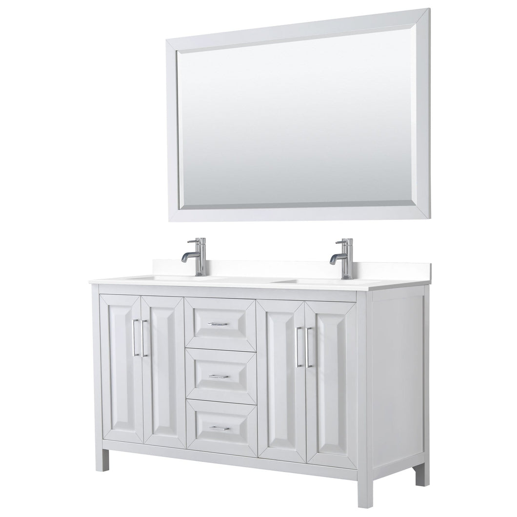 Wyndham Collection Vanity Wyndham Collection WCV252560DWHWCUNSM58 Daria 60 Inch Double Bathroom Vanity in White, White Cultured Marble Countertop, Undermount Square Sinks, 58 Inch Mirror