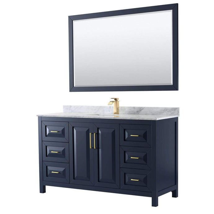 Wyndham Collection Vanity Wyndham Collection WCV252560SBLCMUNSM58 Daria 60 Inch Single Bathroom Vanity in Dark Blue, White Carrara Marble Countertop, Undermount Square Sink, 58 Inch Mirror