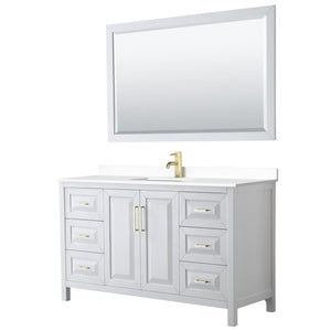 Wyndham Collection Vanity Wyndham Collection WCV252560SWGWCUNSM58 Daria 60 Inch Single Bathroom Vanity in White, White Cultured Marble Countertop, Undermount Square Sink, 58 Inch Mirror, Brushed Gold Trim